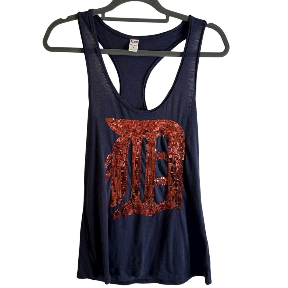 PINK Victoria's Secret Detroit Tigers Navy Tank Top with Orange Sequin Logo
